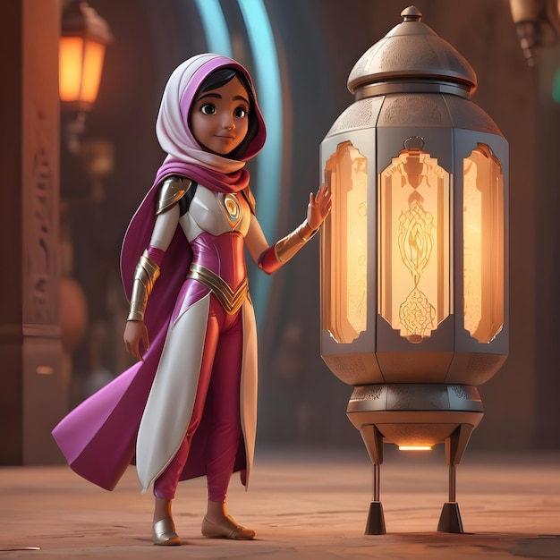 Un personnage de super-héros arabe et une lanterne du Ramadan