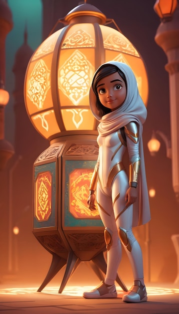 Un personnage de super-héros arabe et une lanterne du Ramadan