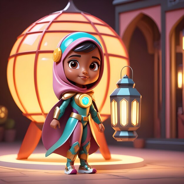 Un personnage de super-héros arabe et une lanterne du Ramadan