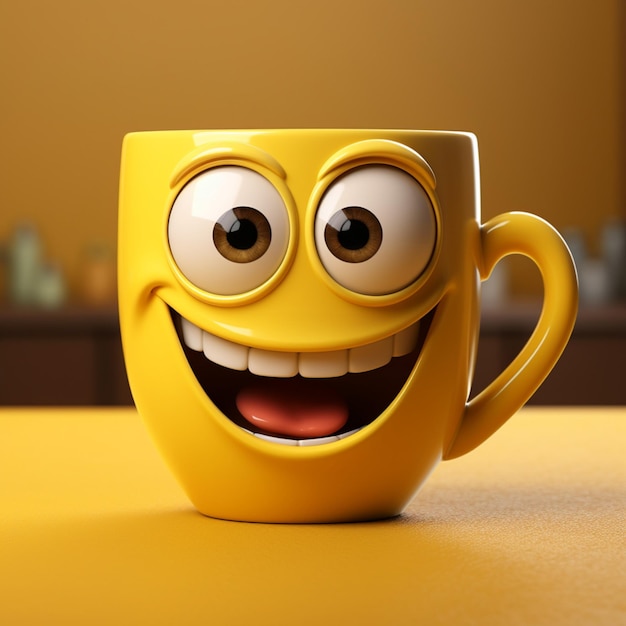 Personnage de tasse de café joyeux souriant sur fond jaune Grande zone de copie pour la publication sur les réseaux sociaux