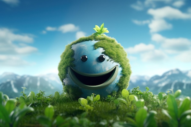 Un personnage de la Terre joyeux riant avec des feuilles autour