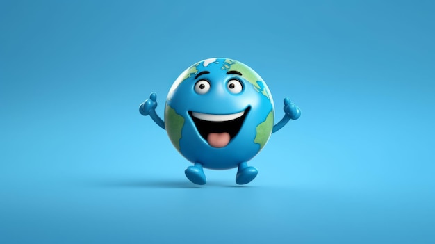 Un personnage de la Terre joyeux riant sur un fond bleu