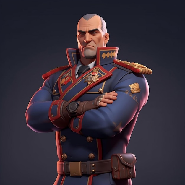 Un personnage avec un uniforme bleu qui dit "le mot guerre" dessus.