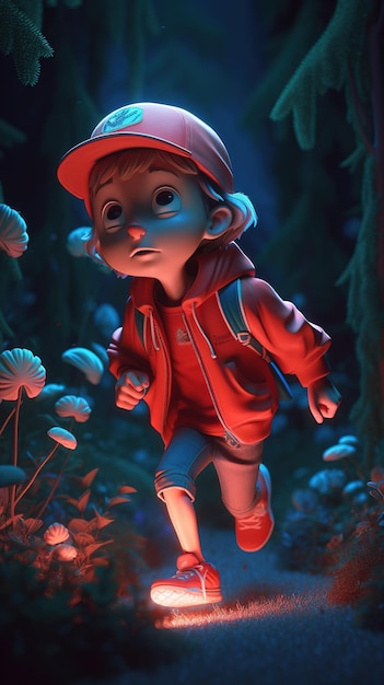 Un personnage en veste rouge se promène dans un champ de fleurs.