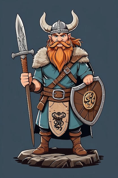 Personnage viking Guerrier scandinave ancien avec l'épée et le bouclier de bois avec l'emblème du serpent Vector