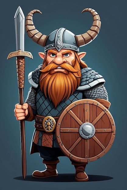 Personnage viking Guerrier scandinave ancien avec l'épée et le bouclier de bois avec l'emblème du serpent Vector