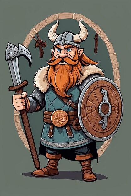 Photo personnage viking guerrier scandinave ancien avec l'épée et le bouclier de bois avec l'emblème du serpent vector