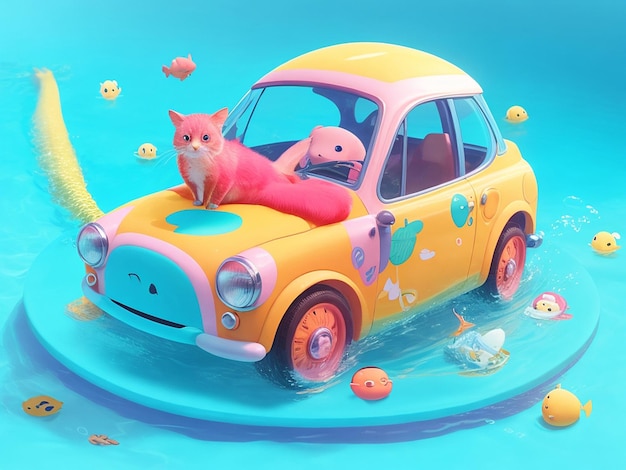 Photo personnage de voiture de dessin animé mignon nageant dans le fond de la nature de l'été