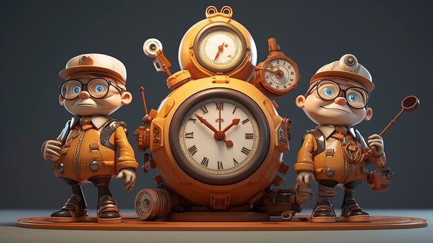 Des personnages 3D appréciant l'artisanat de la montre