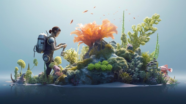 Personnages 3D examinant des plantes marines avec un sous-marin