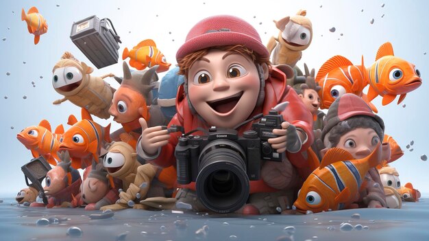 Des personnages 3D filmant un banc de poissons