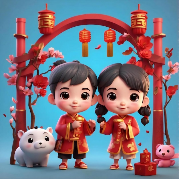 Personnages 3D de garçons et de filles portant des vêtements traditionnels chinois joyeux nouvel an chinois