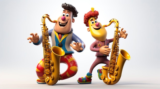 Des personnages en 3D jouant du saxophone.