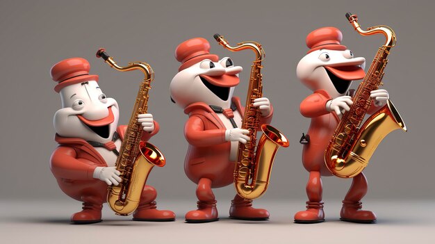 Des personnages en 3D jouant du saxophone.