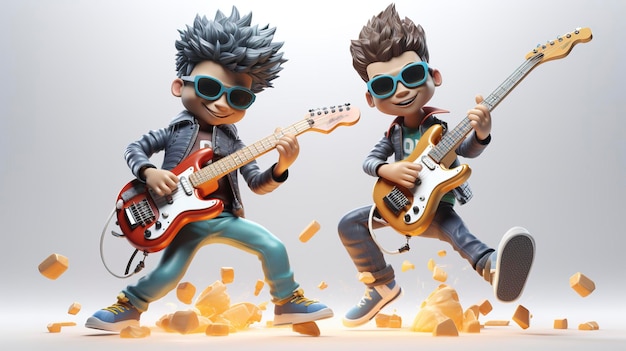 Des personnages 3D jouant de la guitare électrique.