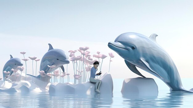 Des personnages en 3D observent des dauphins dans la nature