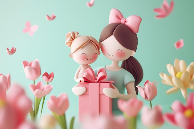 Personnages d'animation un adulte et un enfant partageant un cadeau dans un jardin de tulipes adapté aux enfants