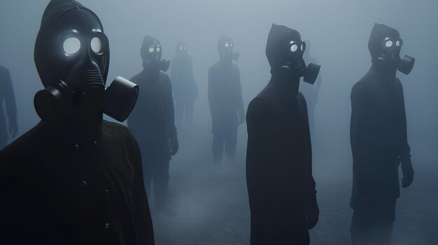 Photo des personnages anonymes dans des masques à gaz symbolisant la résistance contre un régime totalitaire dans une société contrôlée par la surveillance un brouillard étrange les entoure.