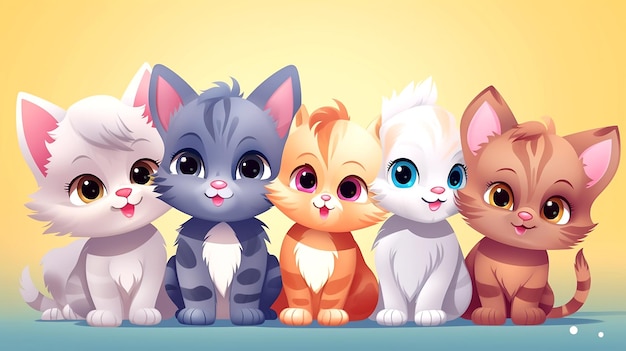 Photo personnages de chatons de dessins animés amis ensemble pour les enfants amitié et temps de jeu joie heureuse aussi large