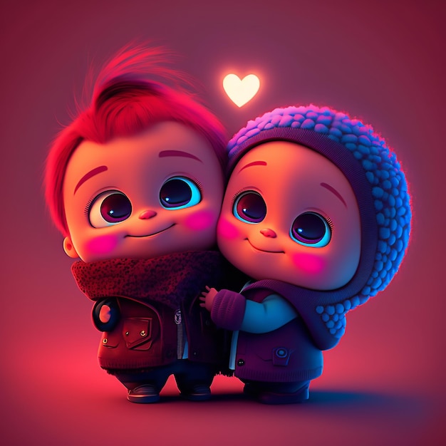 personnages chibi deux coeurs avec un coeur