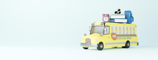 Personnages de dessins animés d'autobus scolaires avec des livres et des trucs scolaires sur fond de rendu 3D