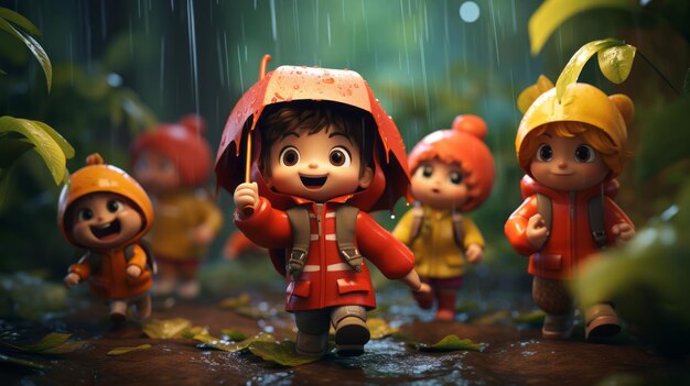 Photo personnages de dessins animés d'enfants jouant sous la pluie stile de dessin animé de la saison des pluies 3d ia générative