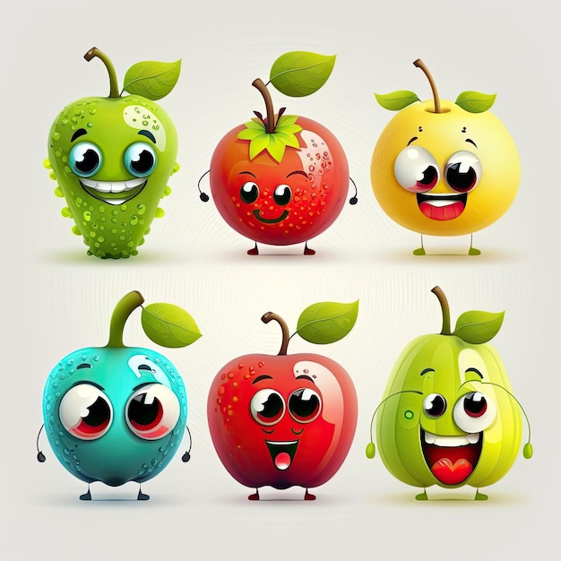 Personnages de dessins animés de fruits heureux et sourire monstres de fruits mignons illustration vectorielle de fond blanc Fabriqué par AIIntelligence artificielle