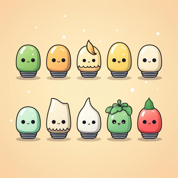 personnages de dessins animés de fruits et légumes dans une rangée avec une ampoule générative ai
