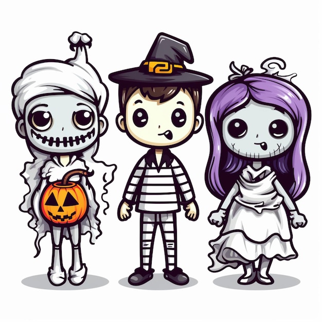 Photo personnages de dessins animés d'halloween vêtus de costumes et tenant des citrouilles ai générative