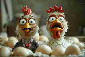 Photo personnages de dessins animés une poule et un coq éclosant des œufs illustration 3d