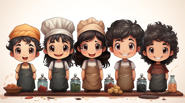 Personnages de dessins animés pour enfants mignons Illustration d'enfants heureux jouant au chef cuisinier dans la cuisine générée par l'IA