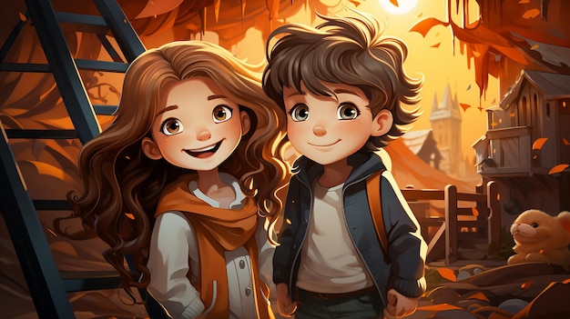 Personnages de dessins animés pour enfants mignons Illustration d'un garçon et d'une fille heureux jouant à l'extérieur générés par l'IA