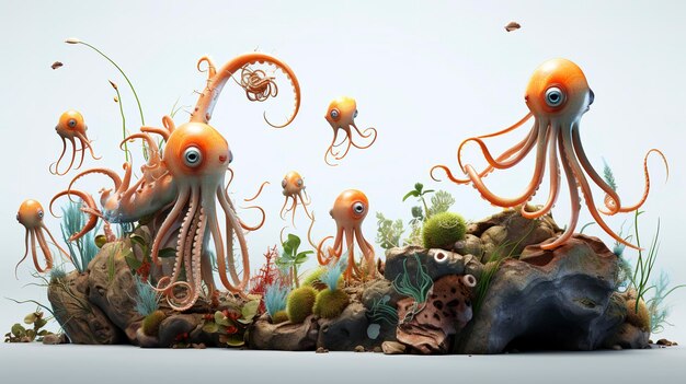 Des personnages observent les calamars dans leur habitat naturel