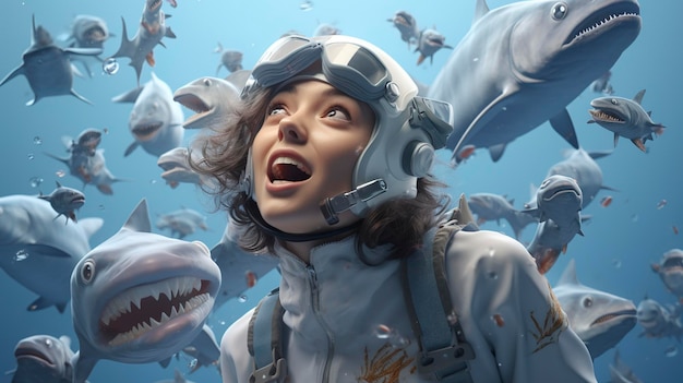 Des personnages observent des requins dans les profondeurs de l'océan