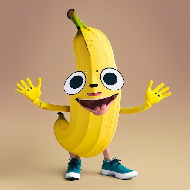 Photo la personnalité d'une jolie banane drôle a deux jambes fines porte un kochi lève la main vers le sk