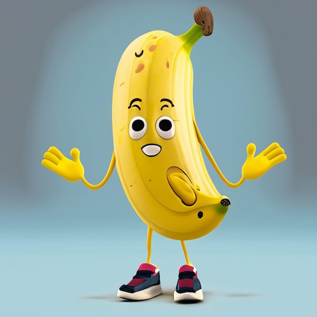 La personnalité d'une jolie banane drôle a deux jambes fines porte un kochi lève la main vers le sk