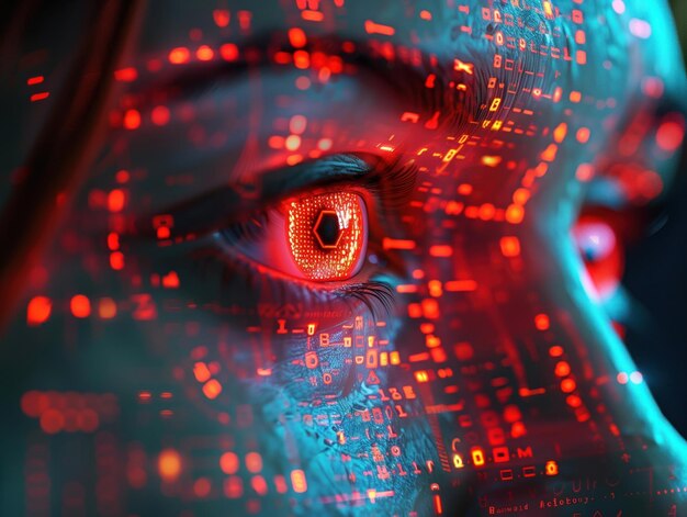 La personnalité numérique d'avatar virtuel brouille les lignes entre la réalité et la simulation représentant un futur dystopique