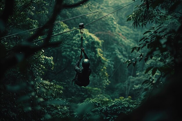 Une personne accrochée à une corde au milieu d'une forêt