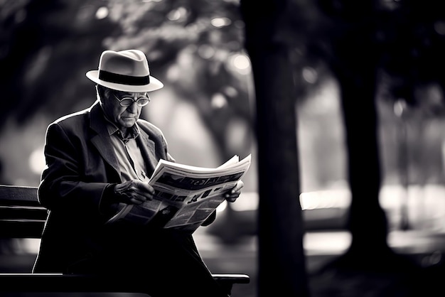 Personne âgée au chapeau blanc assis sur un banc de parc et lisant le journal image en noir et blanc