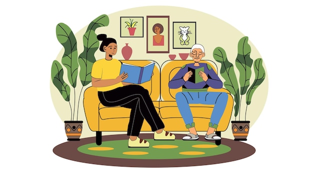 Personne âgée lisant avec un jeune soignant dans un salon confortable avec des plantes et des images encadrées promouvant la longévité et un mode de vie sain coloré et attrayant