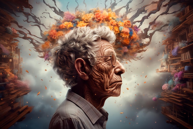 Une personne âgée et son art cérébral Concept de démence de la maladie d'Alzheimer généré par l'IA