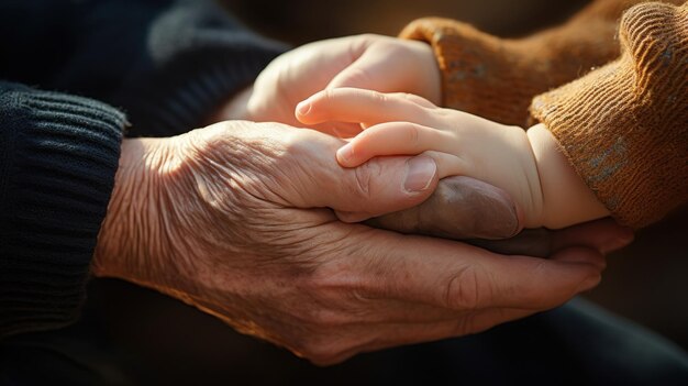 Une personne âgée tenant la main d'un enfant