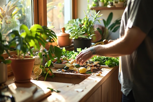 Une personne ajoutant des restes de nourriture à la benne à compost dans une cuisine ensoleillée avec des plantes d'intérieur florissantes