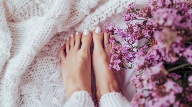 Une personne allongée sur une couverture près de fleurs