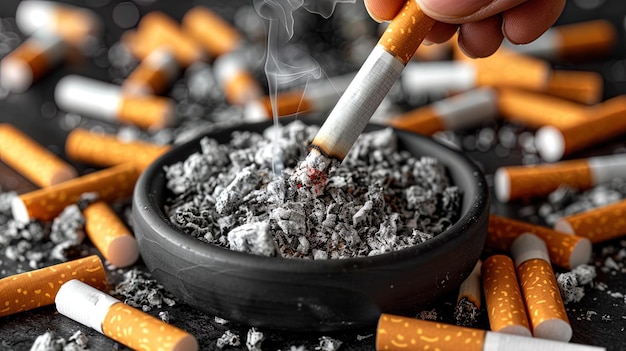 Une personne allume une cigarette dans un bol de cigarettes