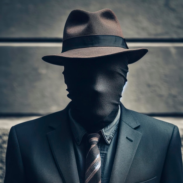 Photo personne anonyme en costume portant un chapeau avec visage couvert génératif ai
