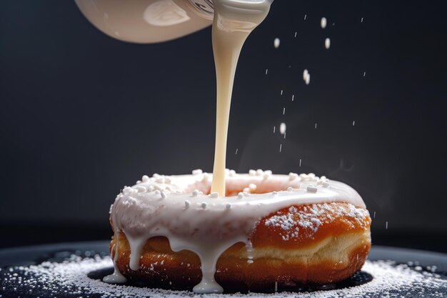 Une personne anonyme versant du lait glacé blanc sur un délicieux donut sucré sur un fond noir