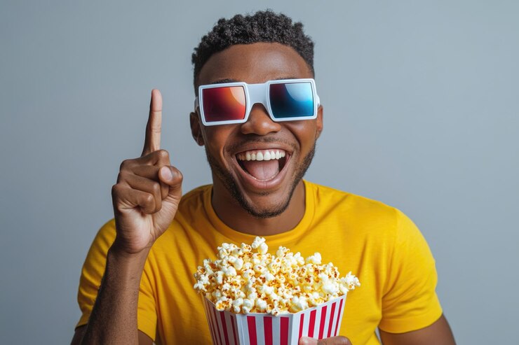 Une personne appréciant des films en 3D avec des collations utiles pour les concepts de divertissement et de loisirs