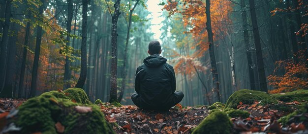 Une personne assise au milieu de la forêt