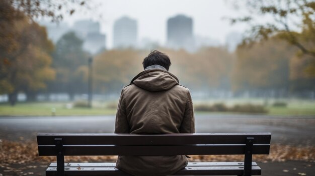 Une personne assise sur un banc par temps pluvieux face à une vue sur la ville